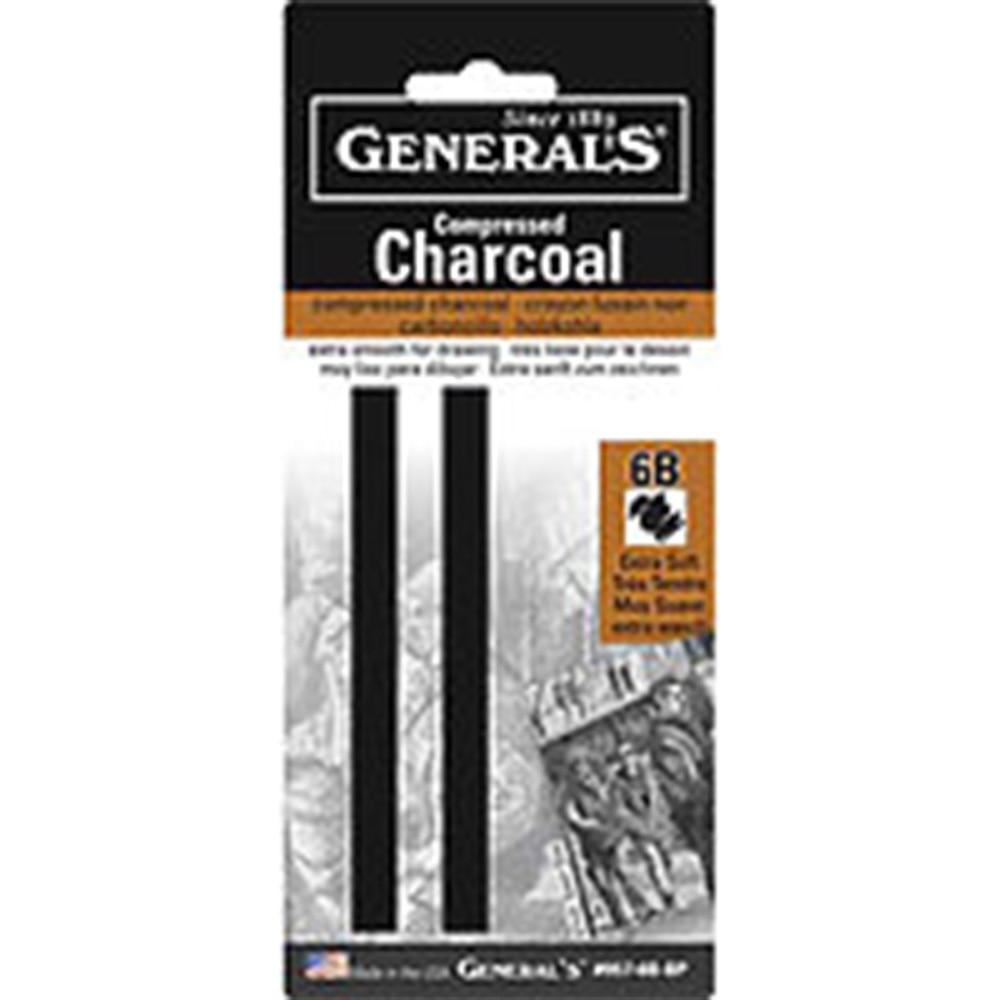 General Pencil, Compressed Charcoal, Square, 6B, Soft Stick, 2 Pack